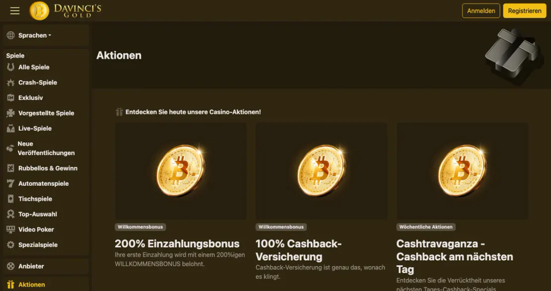 Bonusbereich auf der Website von davincisgold.com