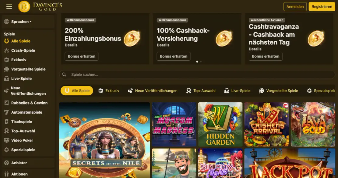 Casino-Lobby von davincisgold.com: Slots auf der Startseite