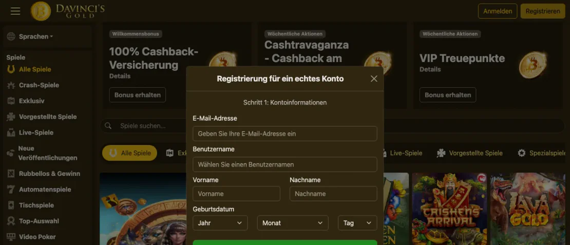 Registrierungsformular bei davincisgold.com (Kontowährung EUR)
