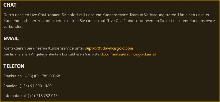 DaVinci's Gold Casino DE Kundenservice